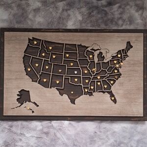 Wooden USA Map Picture Frame with Heart Pins Travel Vacation Trip